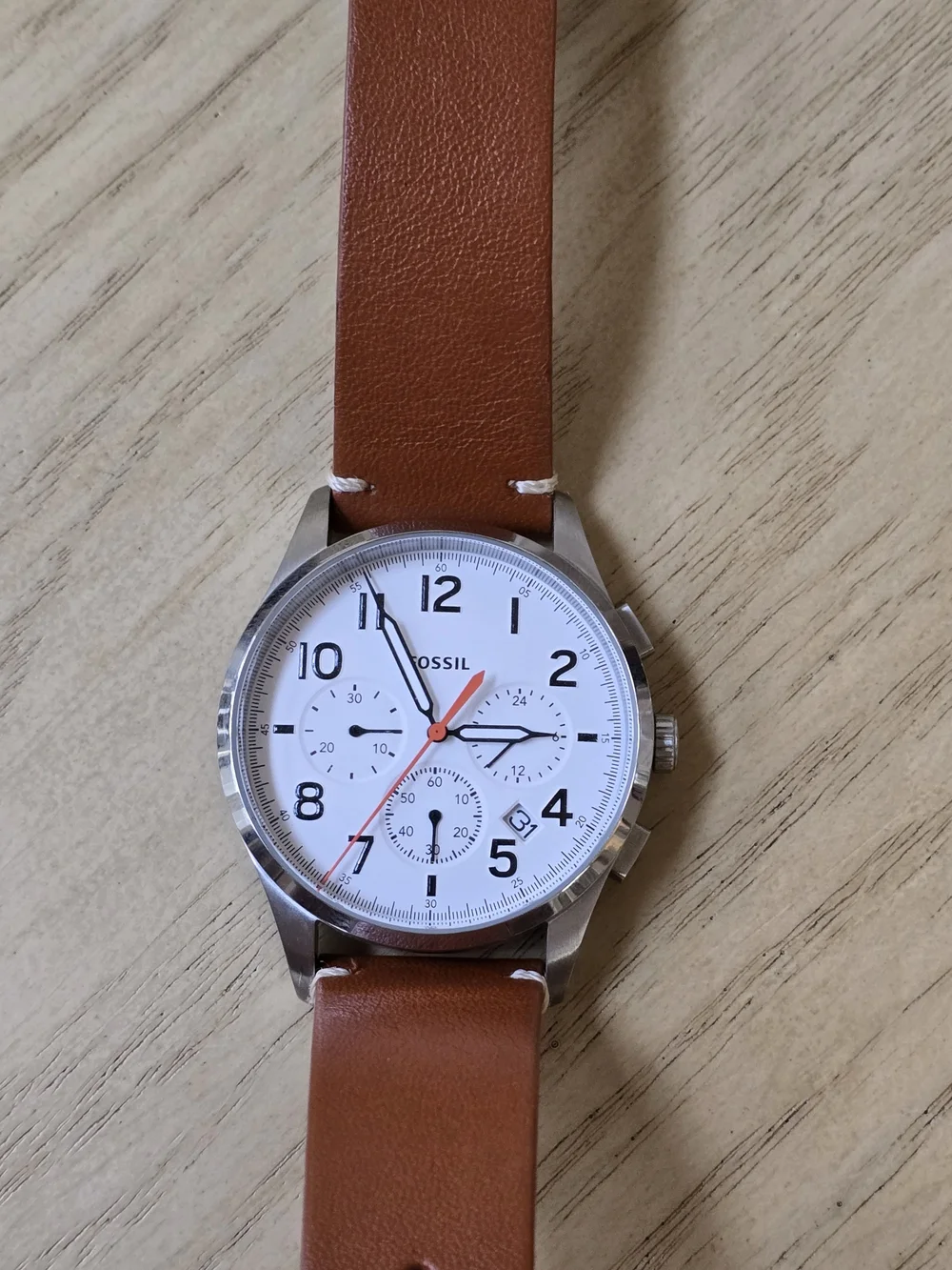 Fossil Men's Brown Leather Chronograph Watch - White Dial